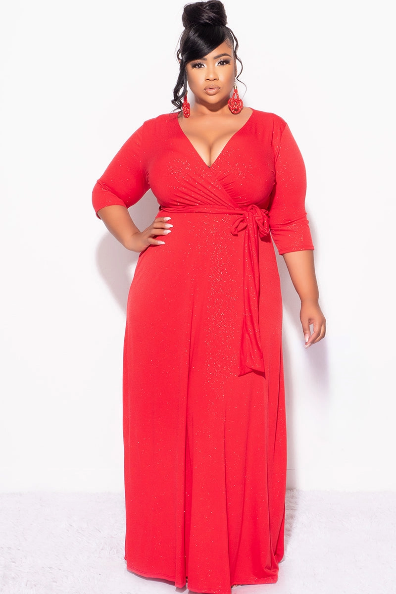 Final Sale Plus Size Faux Wrap Glitter Dress in Red StretchComfort