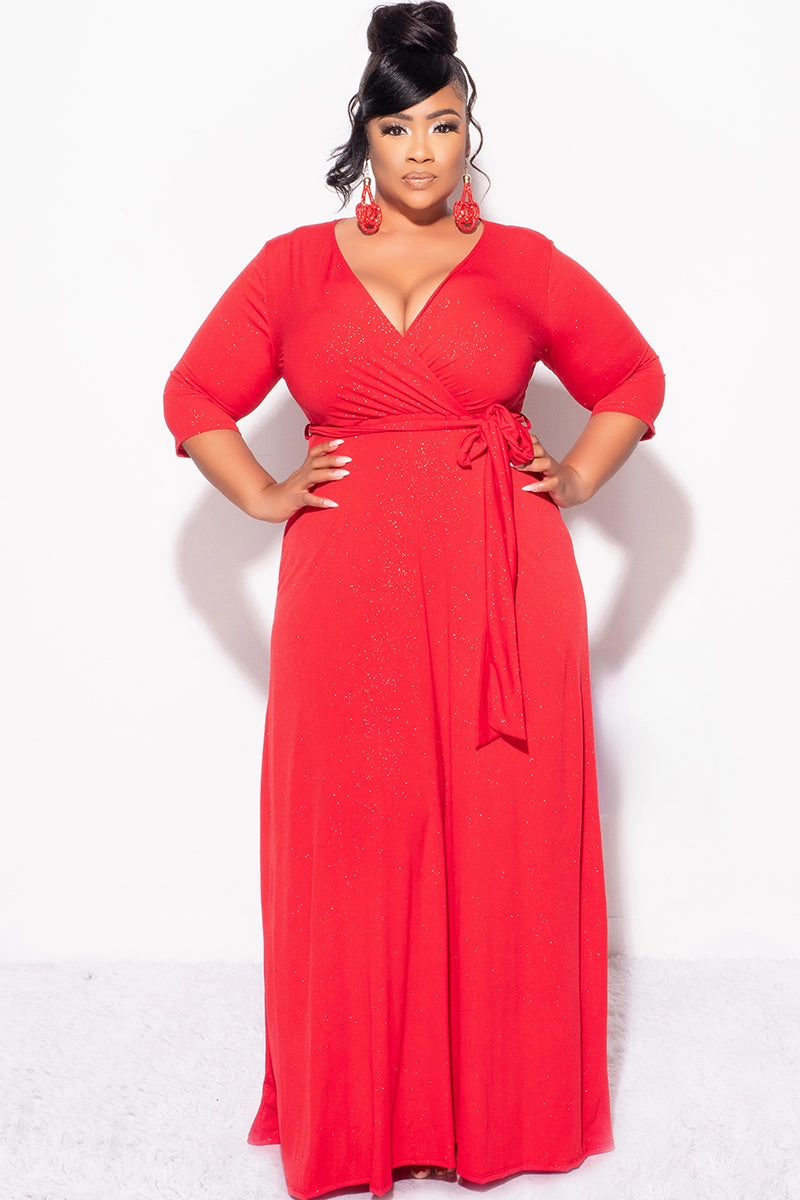 Cozy and Light Final Sale Plus Size Faux Wrap Glitter Dress in Red