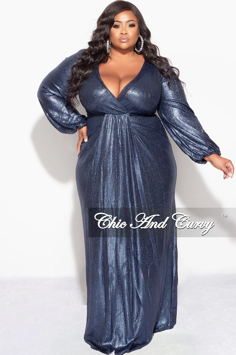 Final Sale Plus Size Faux Wrap Gown with Pleated Waist & Balloon Sleeves in Midnight Blue Metallic Lux Fabric Casual Comfort Design