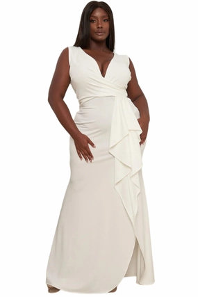 Final Sale Plus Size Faux Wrap Gown with Ruffled Slit in Ivory Thermal Insulation Layer YarnDye Technique