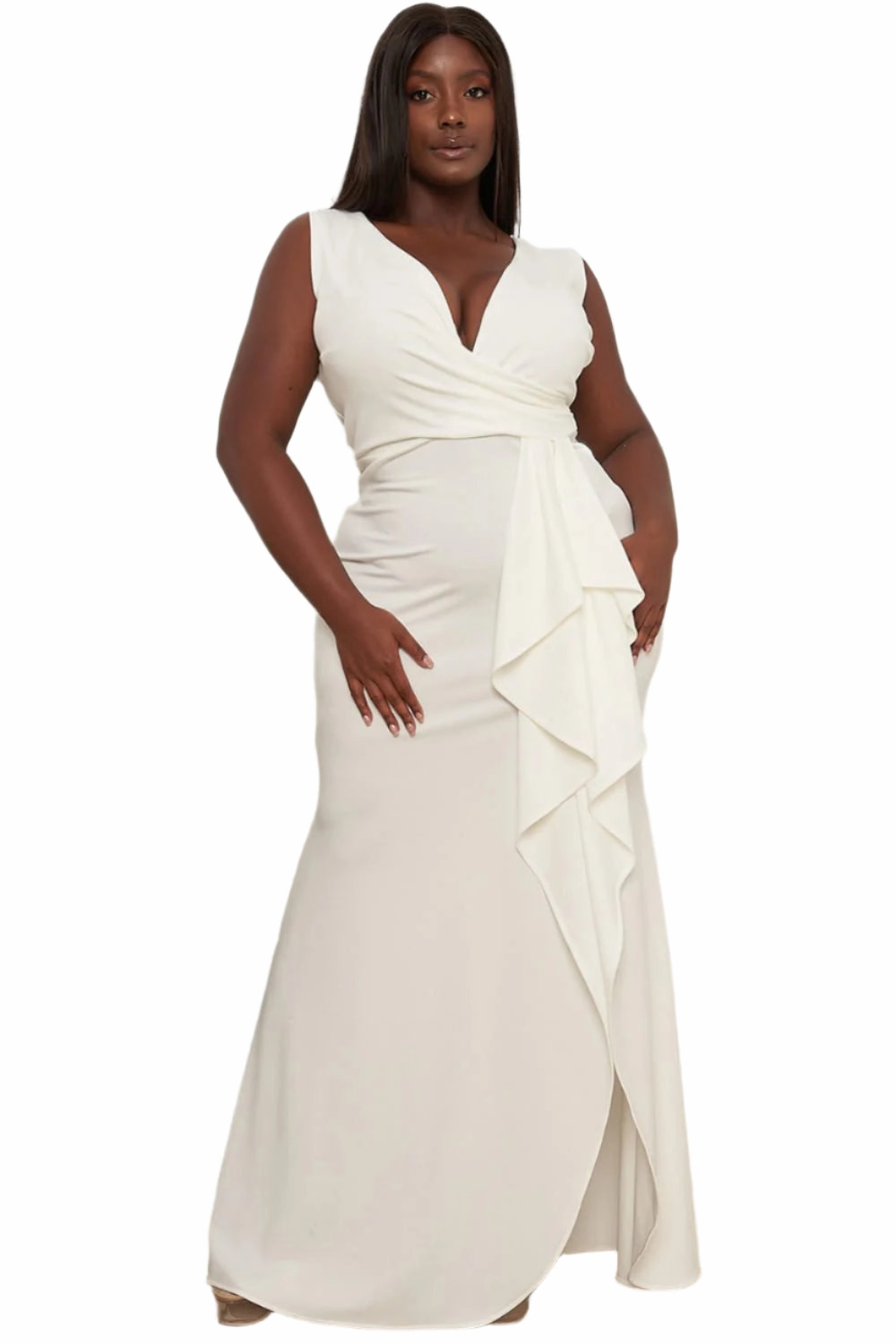 Final Sale Plus Size Faux Wrap Gown with Ruffled Slit in Ivory Non Irritating Collar