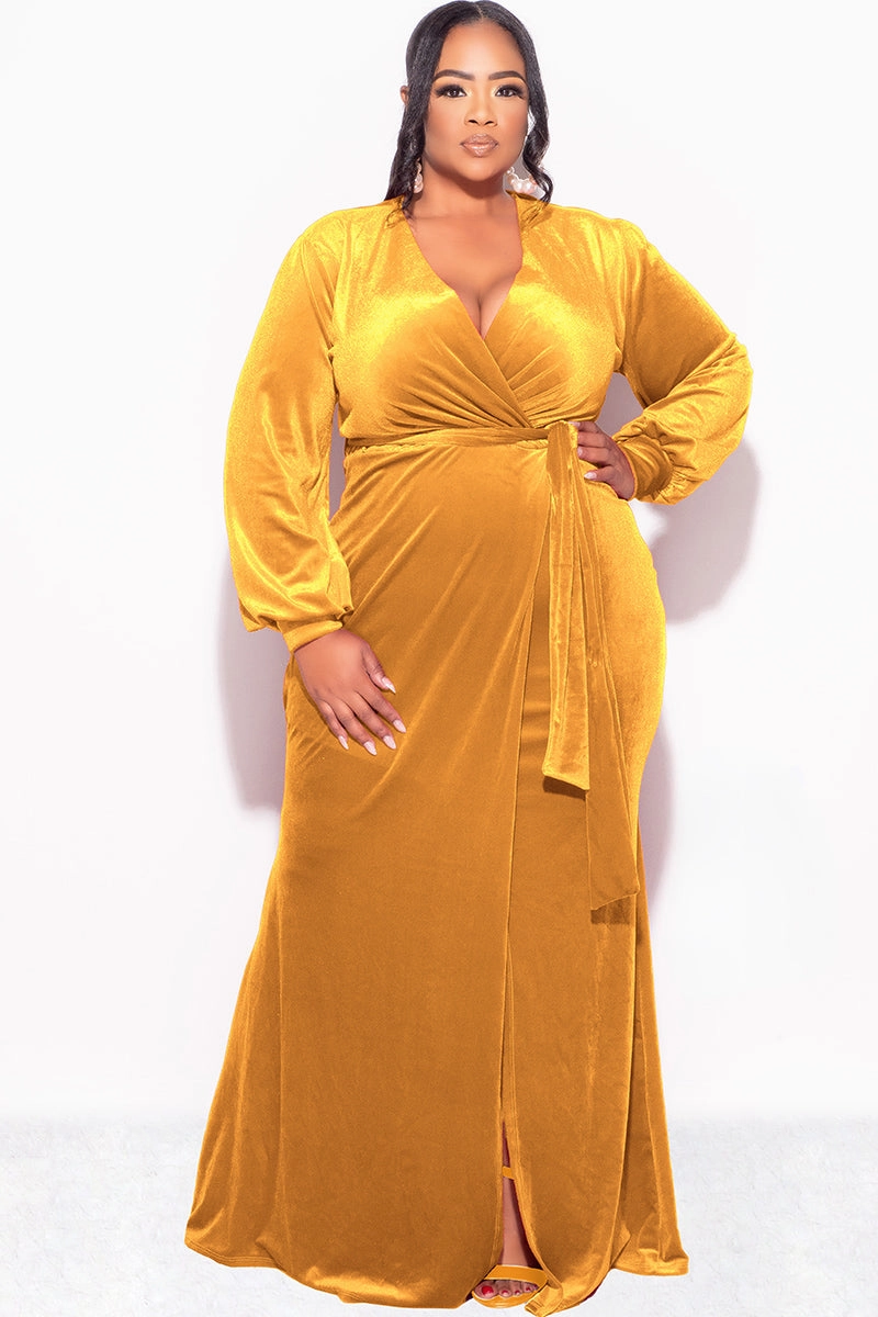 TaglessDesign Final Sale Plus Size Faux Wrap Gown with Tie Belt in Dark Mustard Velvet