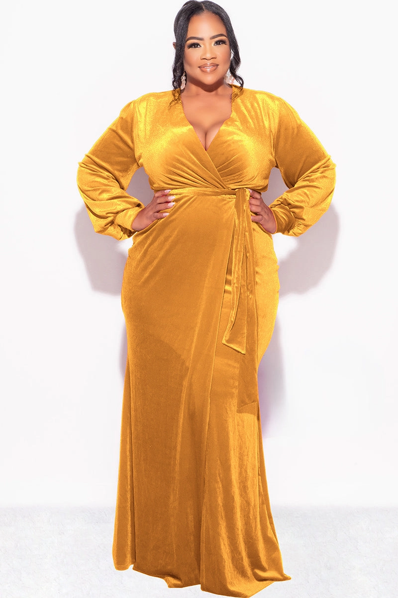 Final Sale Plus Size Faux Wrap Gown with Tie Belt in Dark Mustard Velvet Colorfast Material