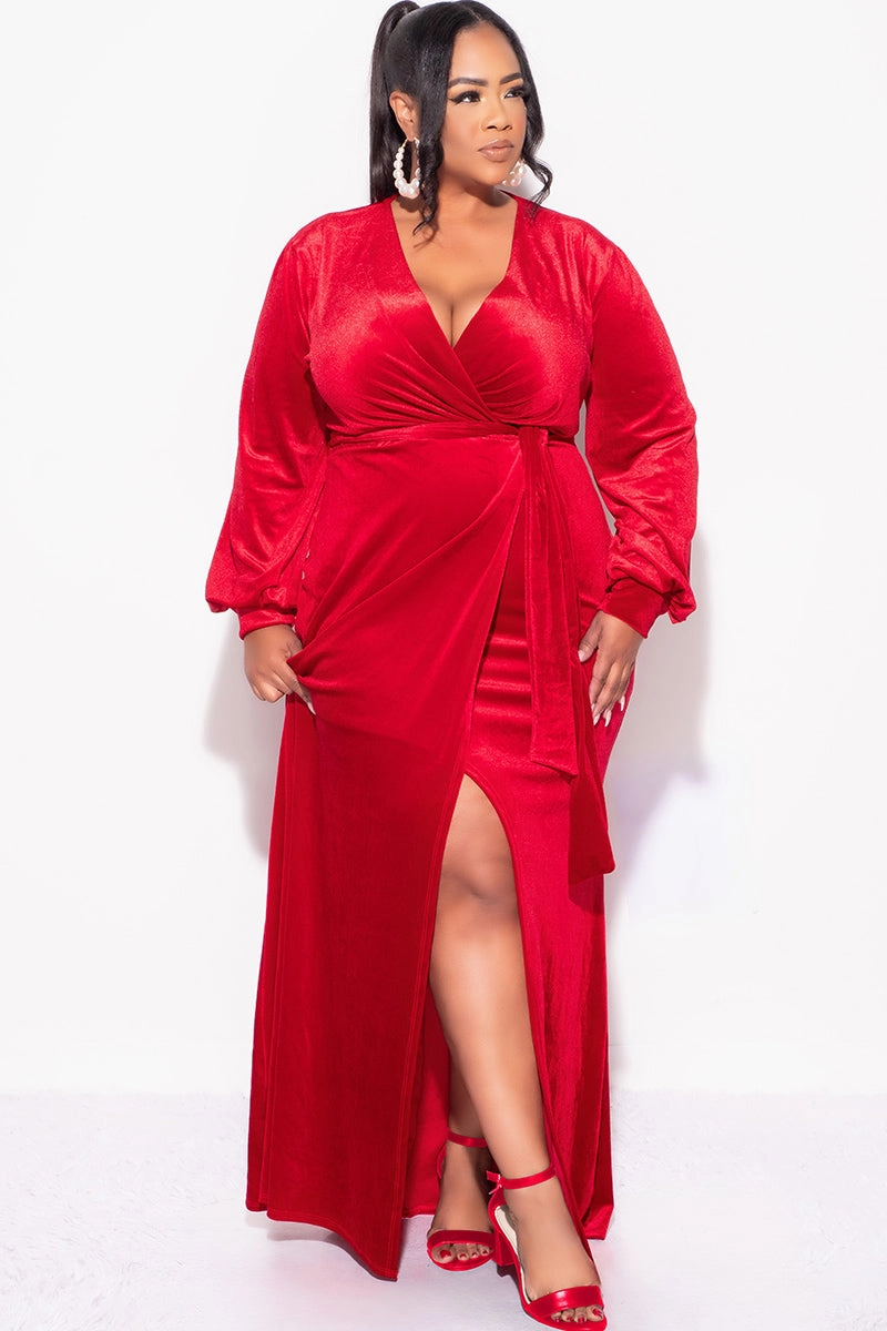 Final Sale Plus Size Faux Wrap Gown with Tie Belt in Red Velvet Soft Design