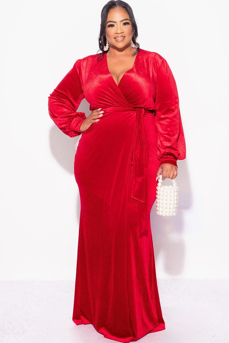 OdorResistantFinish Final Sale Plus Size Faux Wrap Gown with Tie Belt in Red Velvet