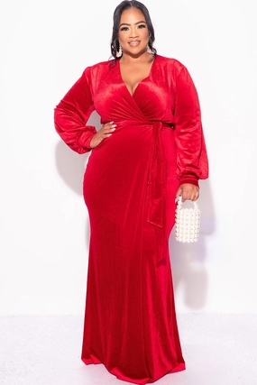 OdorResistantFinish Final Sale Plus Size Faux Wrap Gown with Tie Belt in Red Velvet