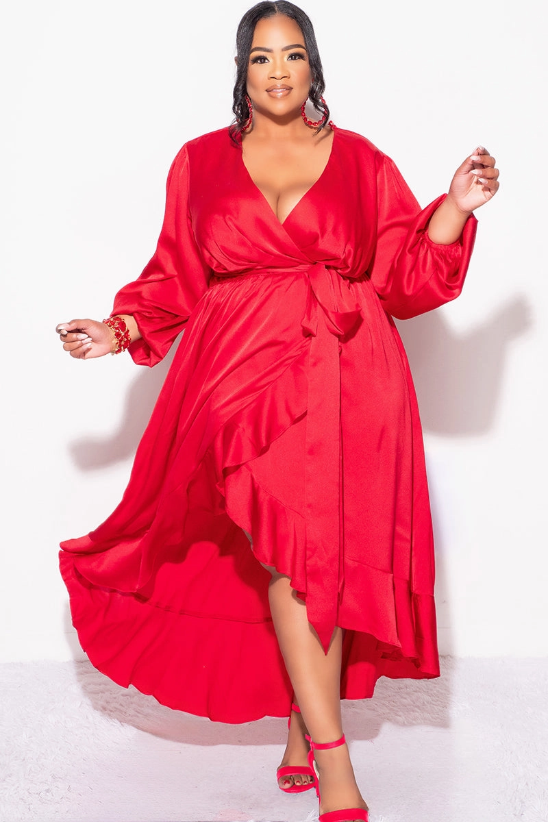 Final Sale Plus Size Faux Wrap High-Low Dress with Waist Tie in Burgundy Cozy Blouse FeatherlightConstruction