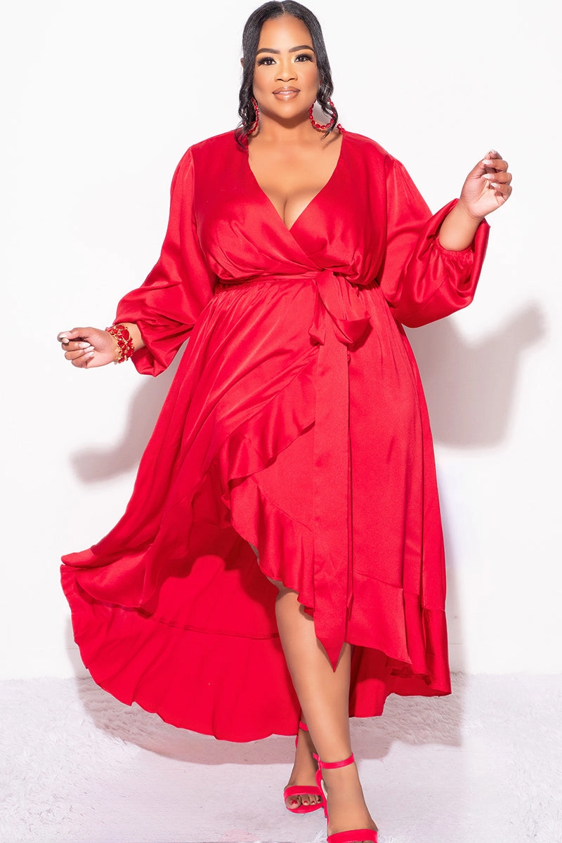Final Sale Plus Size Faux Wrap High-Low Dress with Waist Tie in Burgundy Chic Vibes
