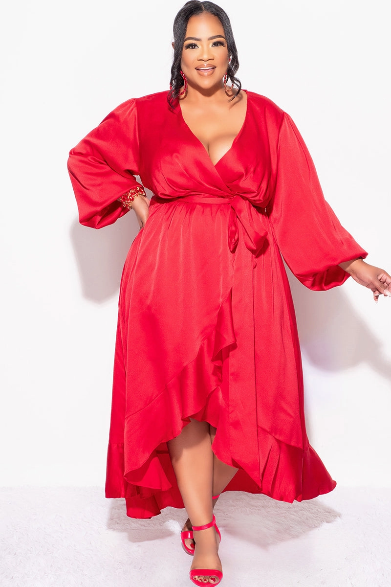 SelfFabric Binding Airflow Optimized Weave Final Sale Plus Size Faux Wrap High-Low Dress with Waist Tie in Burgundy