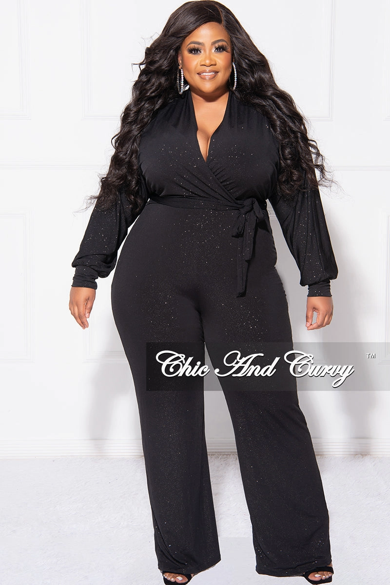 Final Sale Plus Size Faux Wrap Jumpsuit with Tie in Black Glitter standard fit