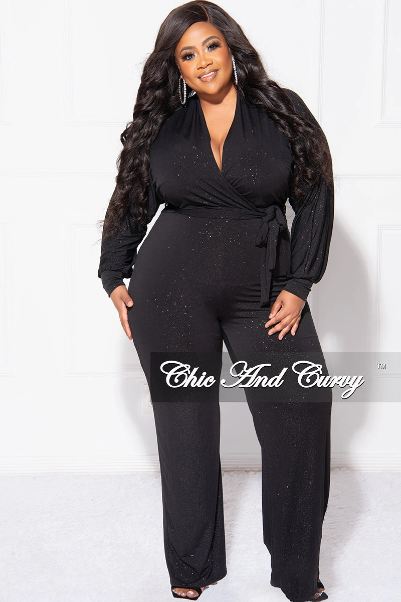 Value for Money Perfect for Travel Final Sale Plus Size Faux Wrap Jumpsuit with Tie in Black Glitter