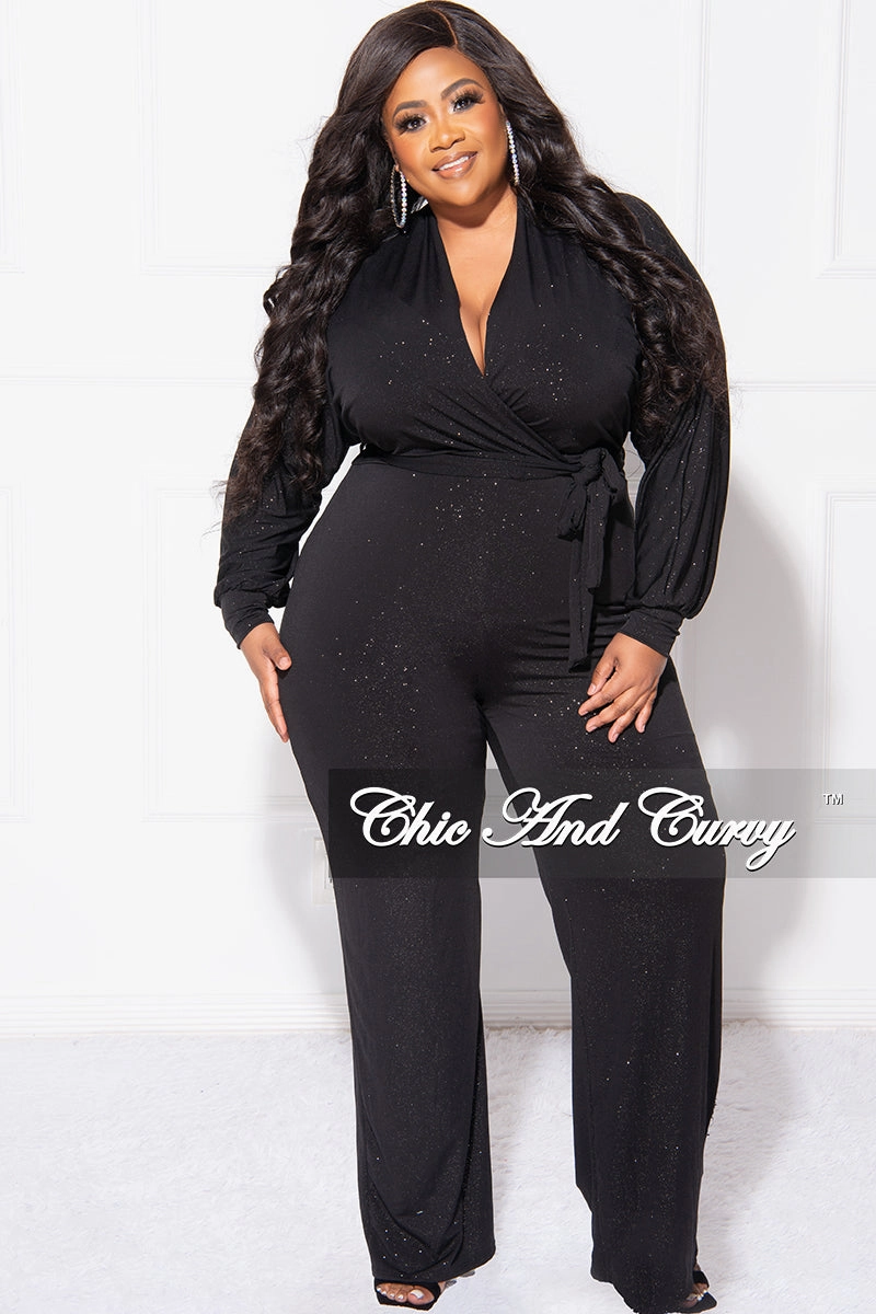 Printed T-shirt Elasticated Hem Final Sale Plus Size Faux Wrap Jumpsuit with Tie in Black Glitter