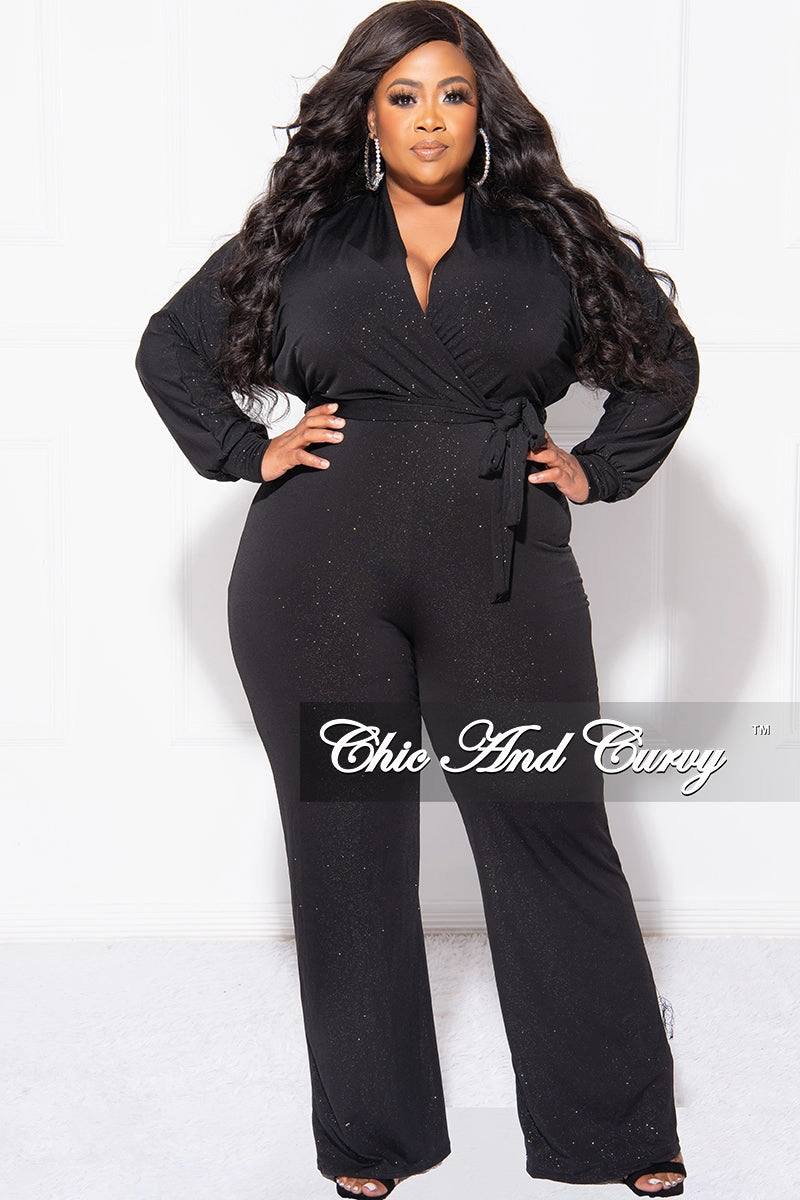 Final Sale Plus Size Faux Wrap Jumpsuit with Tie in Black Glitter OversizedSilhouette ZeroWasteProduction
