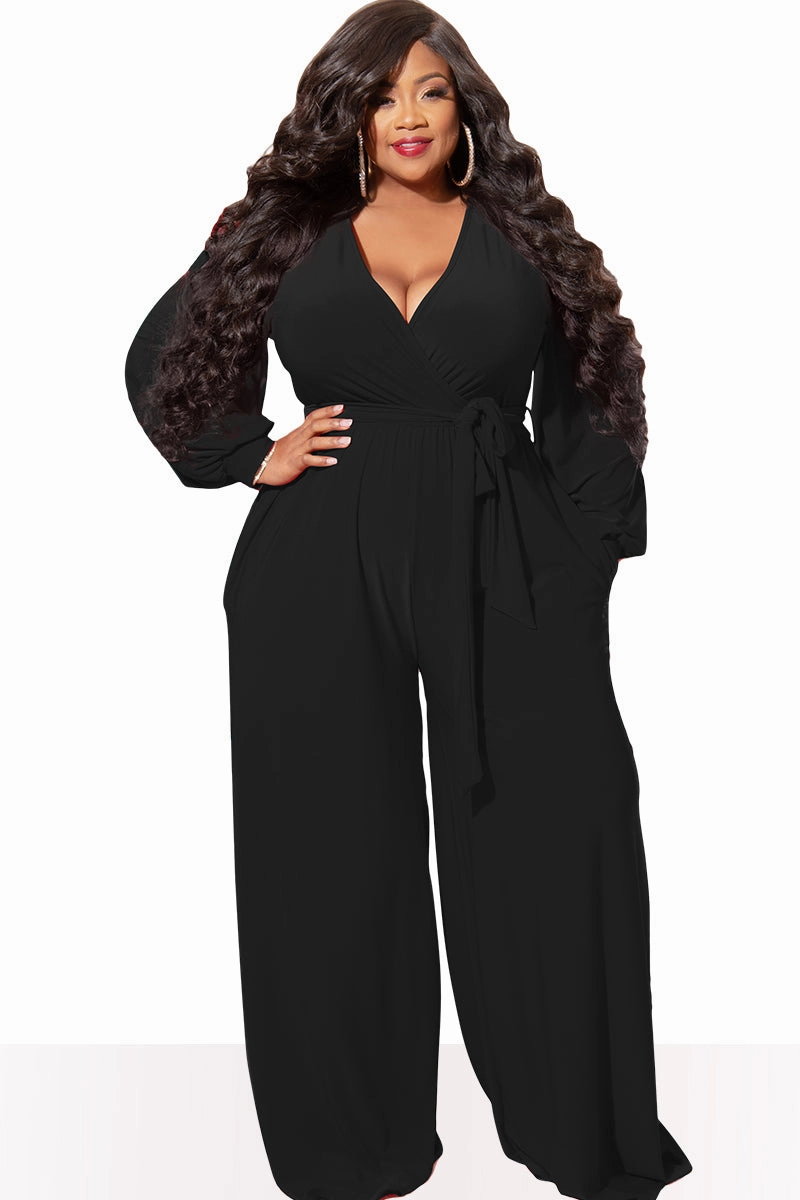 Hypoallergenic Textile Final Sale Plus Size Faux Wrap Jumpsuit with Waist Tie in Black