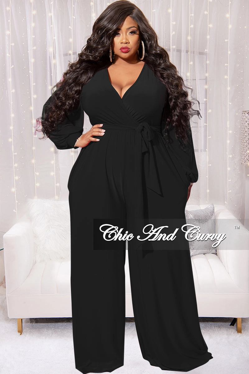 Final Sale Plus Size Faux Wrap Jumpsuit with Waist Tie in Black Bluesign Approved Material