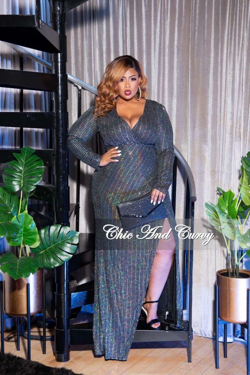 Final Sale Plus Size Faux Wrap Mirror Ball Gown in Silver Iridescent Classic Outfit Style