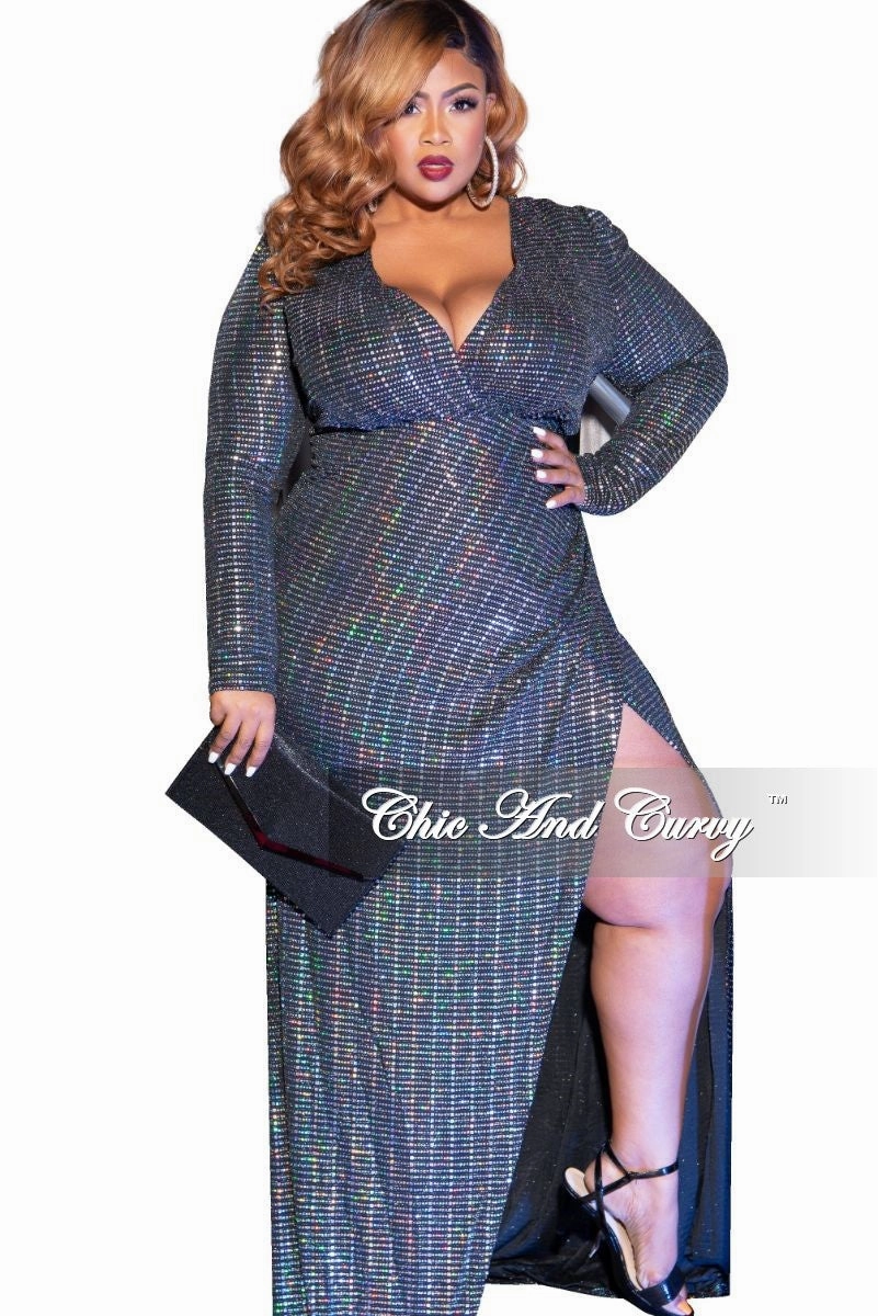 Final Sale Plus Size Faux Wrap Mirror Ball Gown in Silver Iridescent HoodedVersion Easy Care Fabric