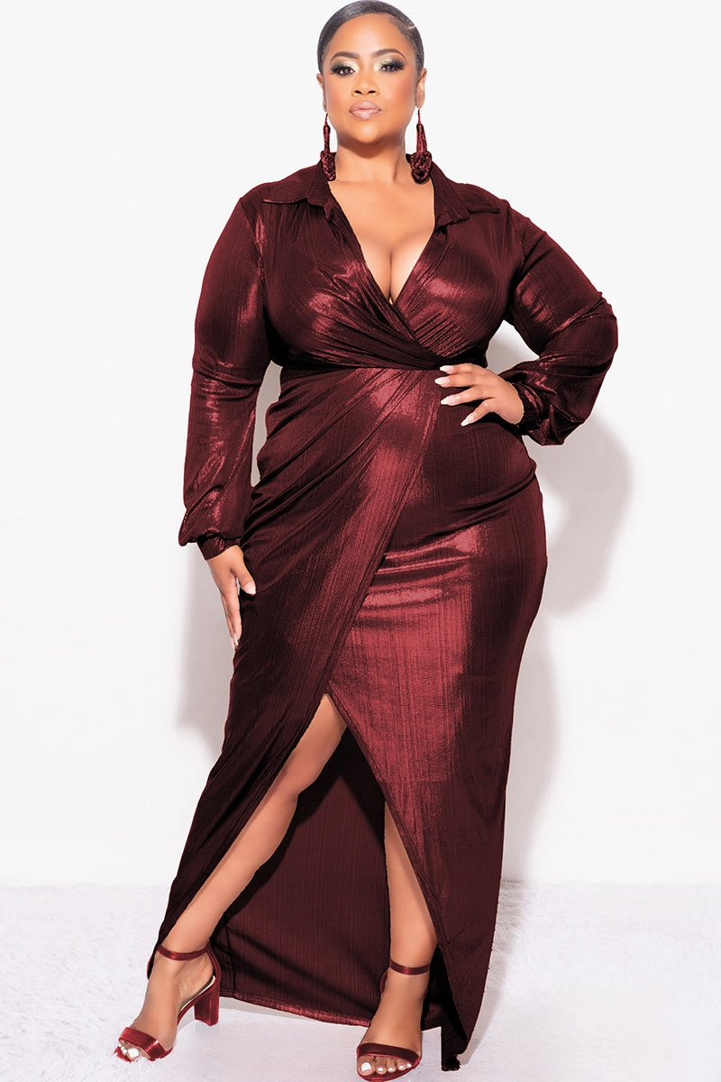 Final Sale Plus Size Faux Wrap Pleated Waist Foil Dress in Wine Double Layered Fabric HighStretchElastic