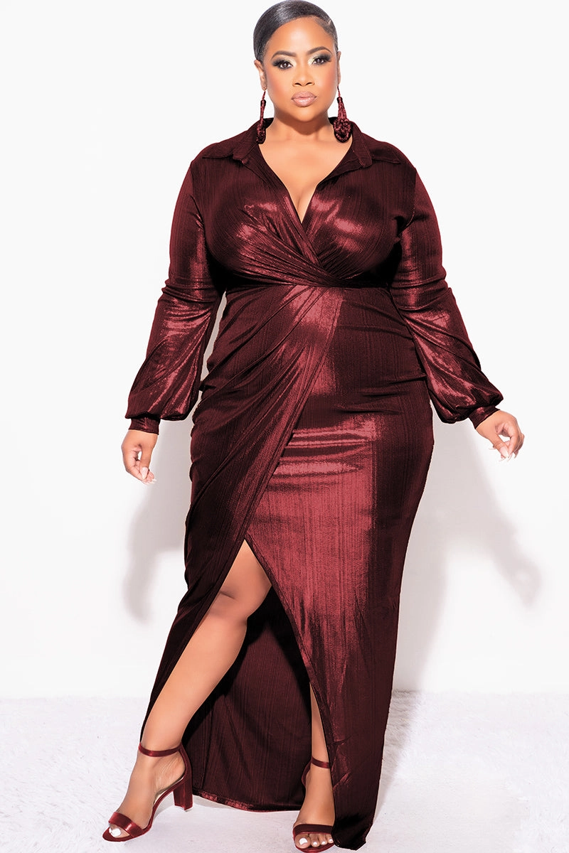 Final Sale Plus Size Faux Wrap Pleated Waist Foil Dress in Wine Thermal regulation SeamlessConstruction