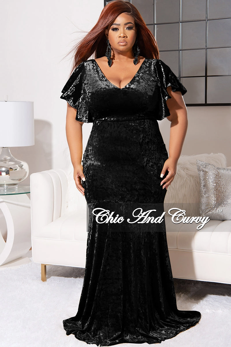 Final Sale Plus Size Faux Wrap Sleeves Gown Velvet in Black Built In Odor Control