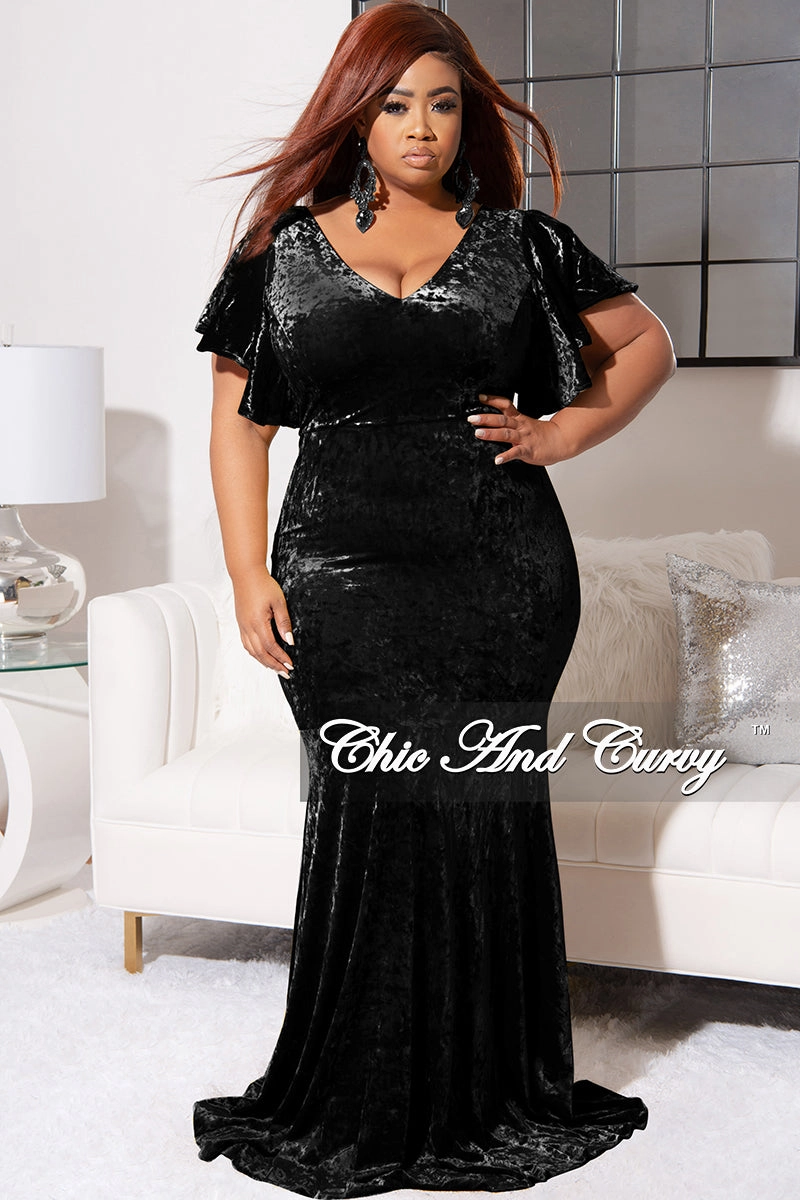 Stretch waistband Final Sale Plus Size Faux Wrap Sleeves Gown Velvet in Black