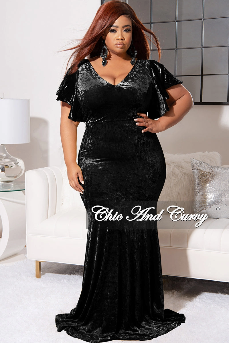 Final Sale Plus Size Faux Wrap Sleeves Gown Velvet in Black Durable Reinforced Shoulders