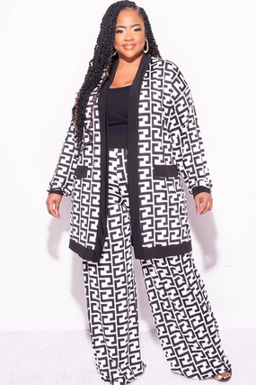 Final Sale Plus Size Flocked Plaid 3pc Triangle Top, Maxi Cardigan and Pants Set in Black and White Maze Print Slim Comfort Flexible Motion