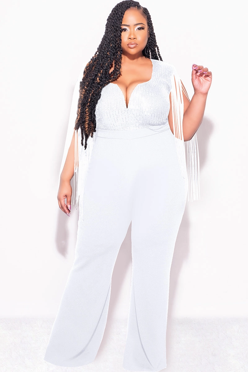 Stylish and Comfortable Final Sale Plus Size Fringe Shoulder Faux Wrap Sequin Jumpsuit Ivory