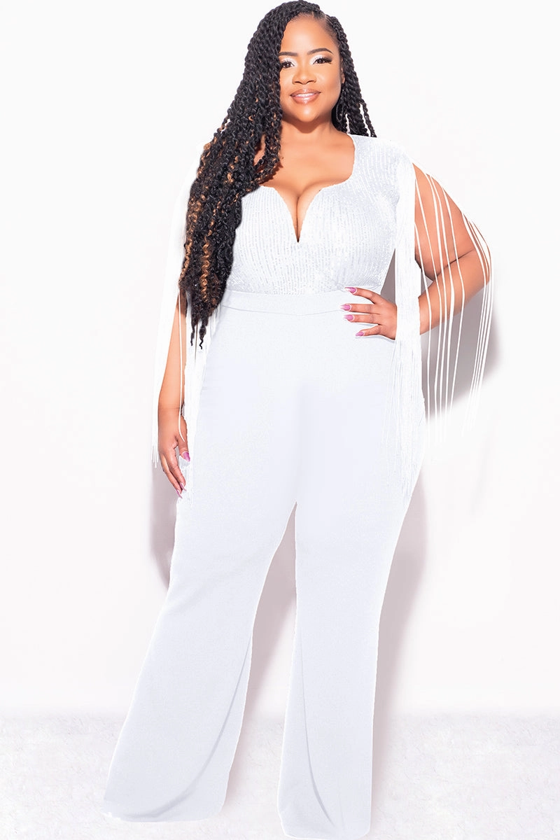 Final Sale Plus Size Fringe Shoulder Faux Wrap Sequin Jumpsuit Ivory Unisex