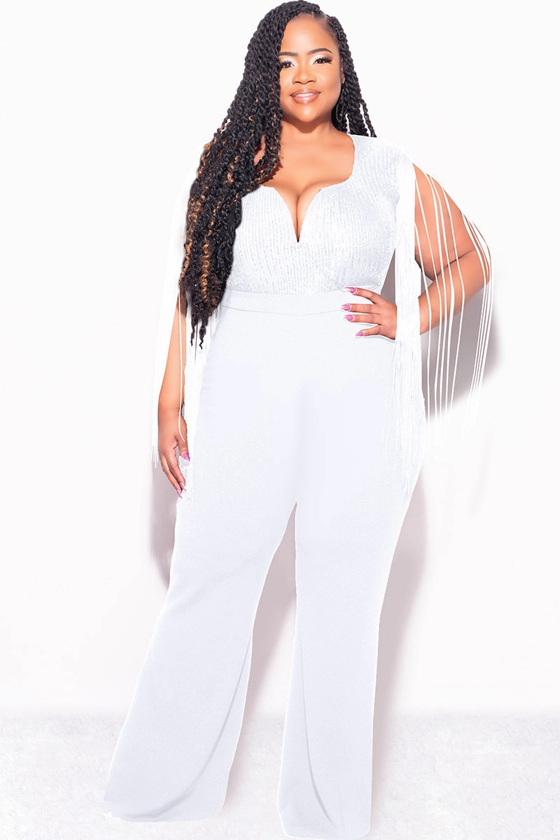 HiddenZipper Formal top Final Sale Plus Size Fringe Shoulder Faux Wrap Sequin Jumpsuit Ivory