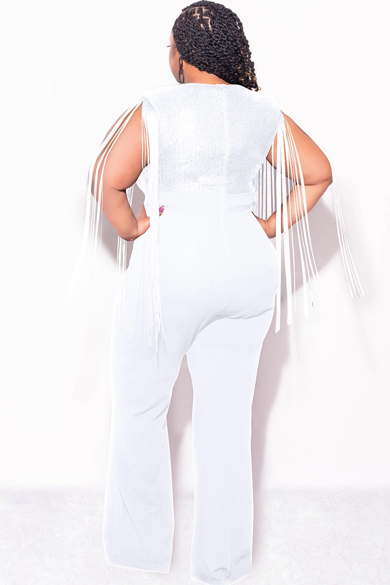 Final Sale Plus Size Fringe Shoulder Faux Wrap Sequin Jumpsuit Ivory BreathableMeshPanel