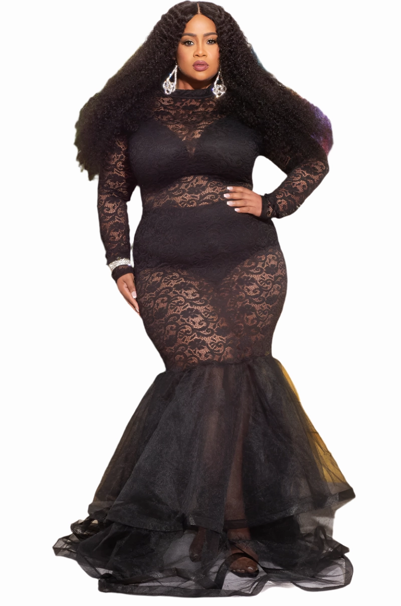 Final Sale Plus Size Full Length Lace Mermaid Gown with Tulle in Black Seamless construction