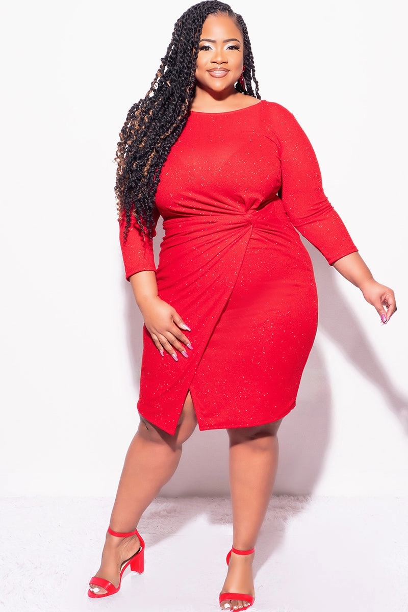 Sandwich Mesh Panel Structure Final Sale Plus Size Glitter BodyCon with Front Overlay and Ruched Side in Red