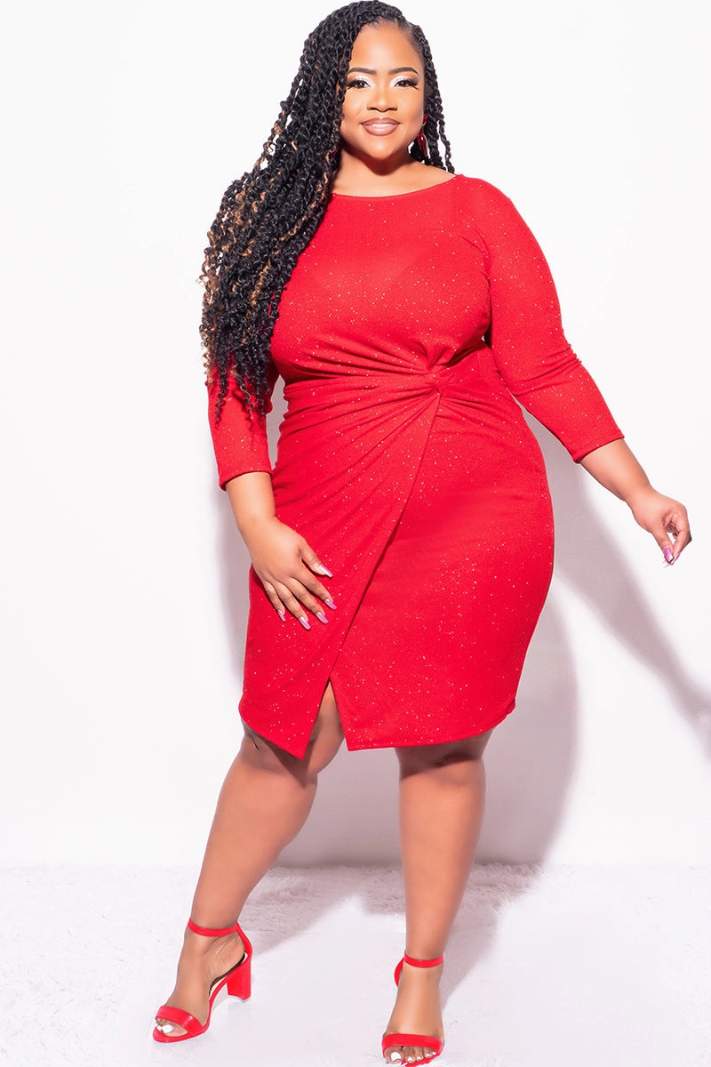 Final Sale Plus Size Glitter BodyCon with Front Overlay and Ruched Side in Red Layer Ready