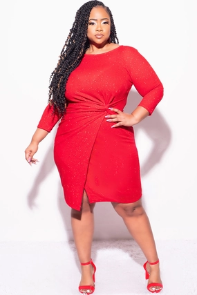 Quick Release Fasteners Final Sale Plus Size Glitter BodyCon with Front Overlay and Ruched Side in Red
