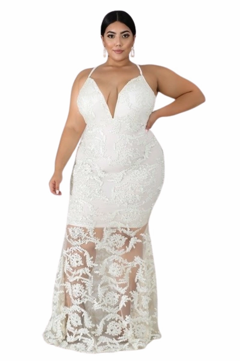 Final Sale Plus Size Gown with Deep V and Mermaid Bottom in Ivory Stylish and Comfortable