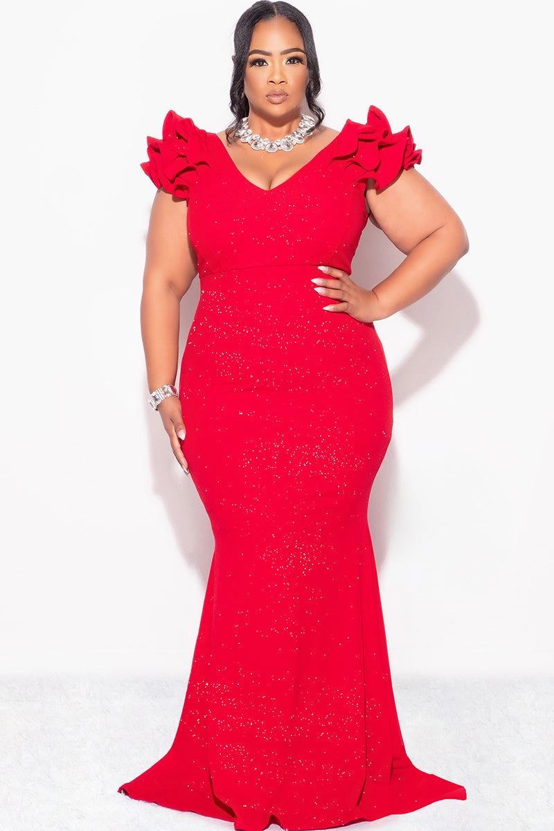 Ribbed Neckline Final Sale Plus Size Gown with Layered Sleeves in Glitter Red Fabric