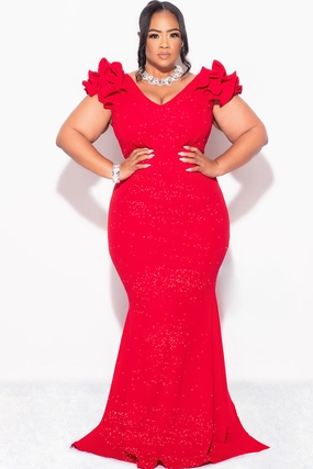 Adjustable drawstring Final Sale Plus Size Gown with Layered Sleeves in Glitter Red Fabric