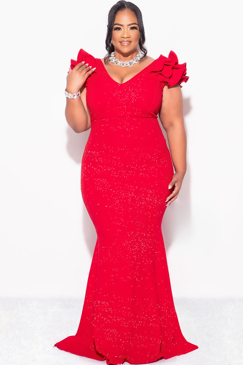 Final Sale Plus Size Gown with Layered Sleeves in Glitter Red Fabric Eco Dye Process AntiPill Finish