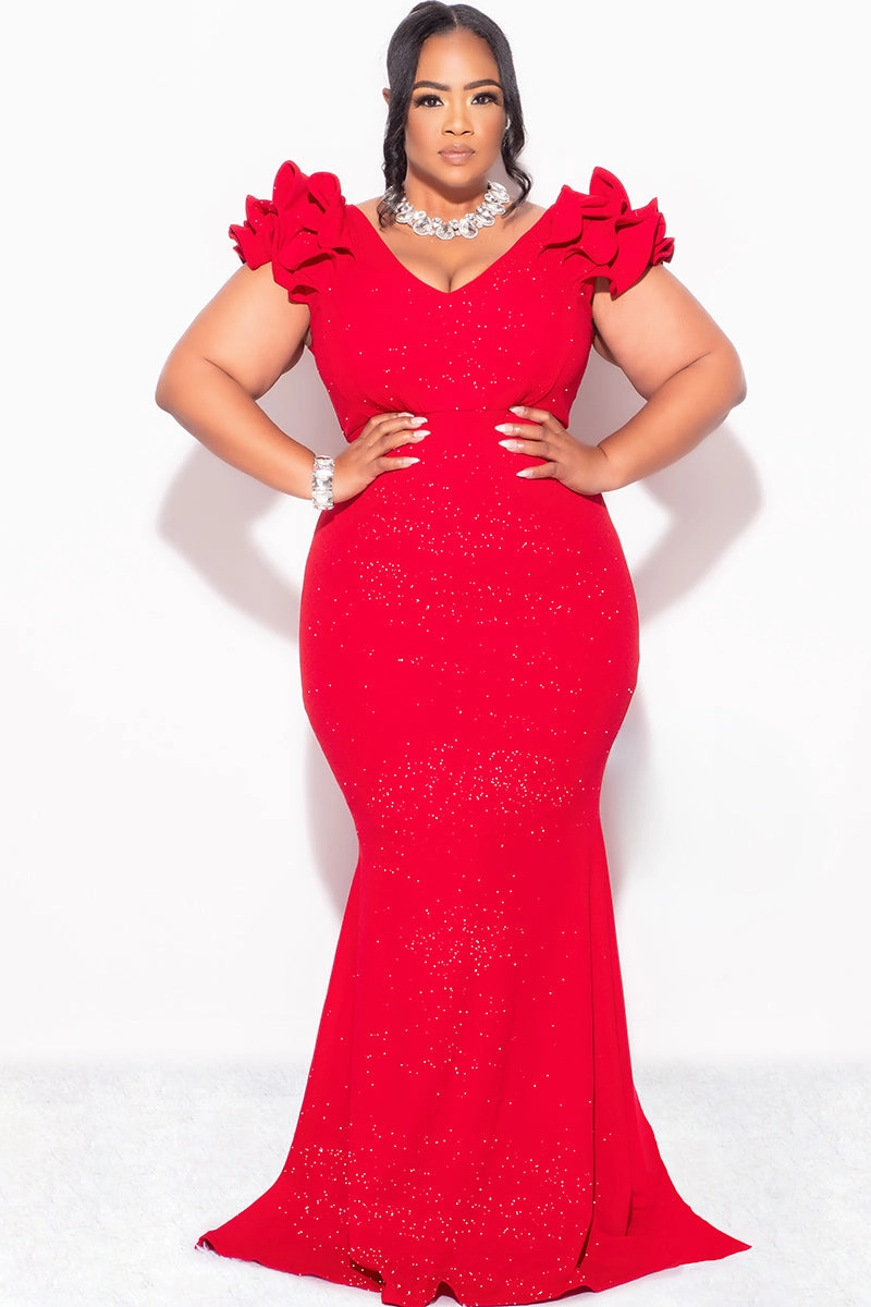 Final Sale Plus Size Gown with Layered Sleeves in Glitter Red Fabric Recycled Polyester Thread Classic Comfort Style
