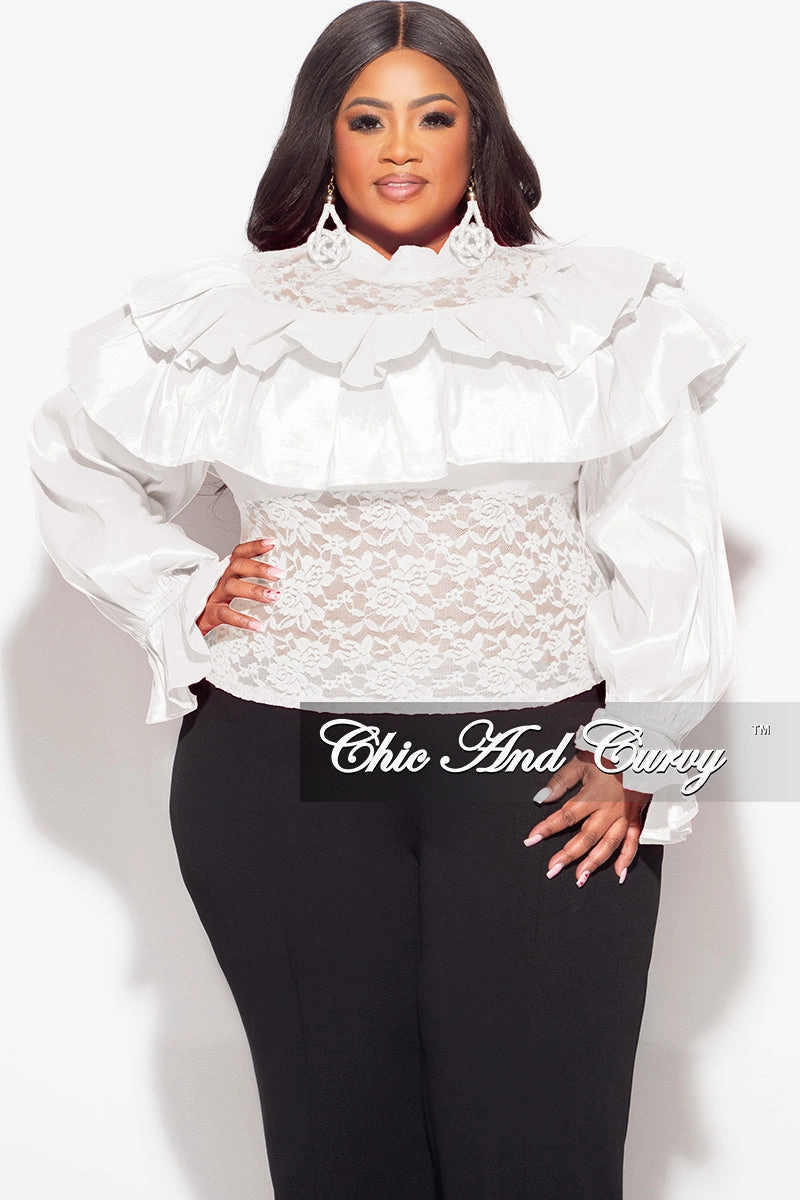 Final Sale Plus Size Lace Ruffle Blouse in White MultiPocket Configuration