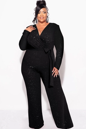 Final Sale Plus Size Long Sleeve Faux Wrap Jumpsuit with Attached Tie in Black Glitter Fabric UVProtection Coating DoubleLayered