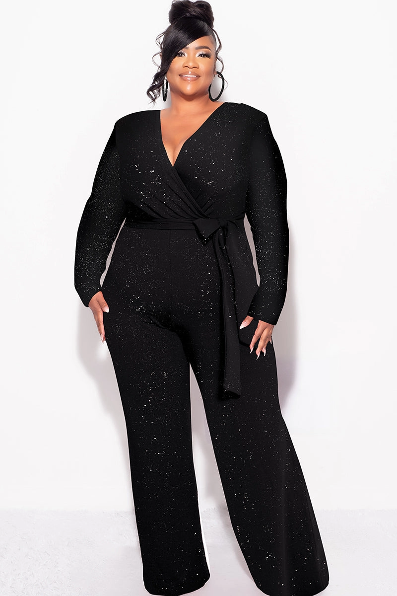 Final Sale Plus Size Long Sleeve Faux Wrap Jumpsuit with Attached Tie in Black Glitter Fabric Loose cut
