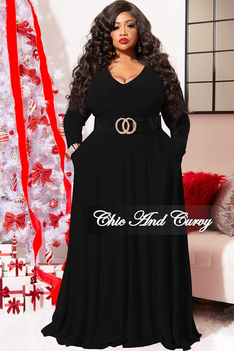 Adjustable Shoulder Straps Final Sale Plus Size Long Sleeve Gown with V-Neck in Black