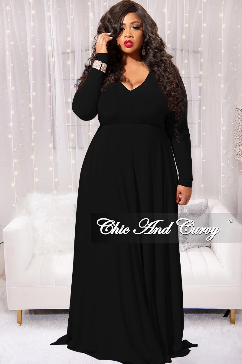 Formal Elegance Self Fabric Tape Final Sale Plus Size Long Sleeve Gown with V-Neck in Black