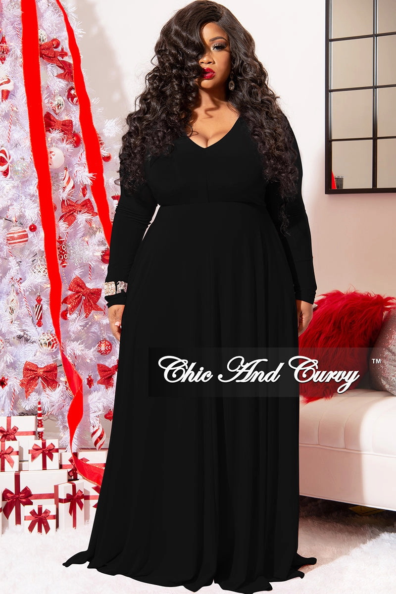Final Sale Plus Size Long Sleeve Gown with V-Neck in Black Layered Panel Design