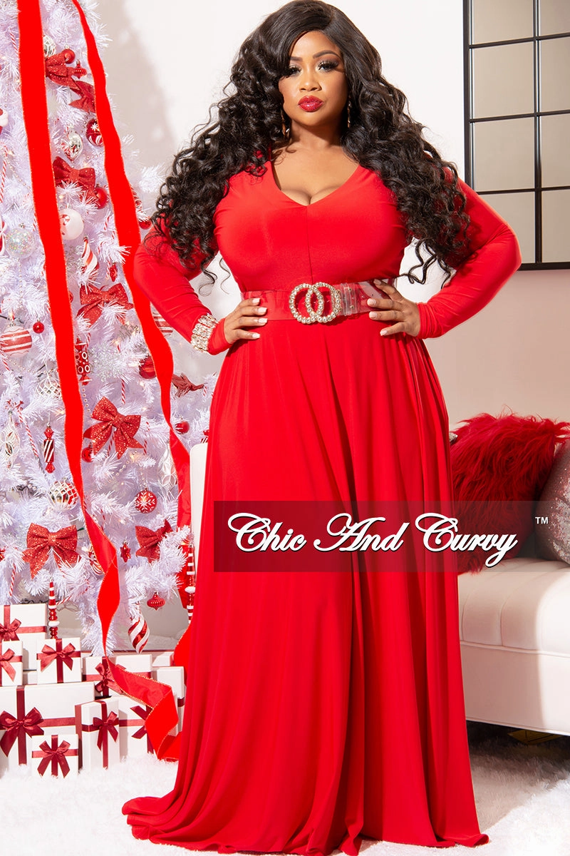 Final Sale Plus Size Long Sleeve Gown with V-Neck in Red Effortless Fashion Reinforced Collar