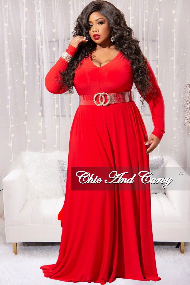 Final Sale Plus Size Long Sleeve Gown with V-Neck in Red Fashionable Fit