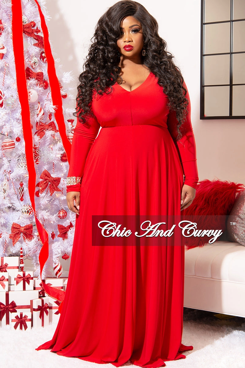 Final Sale Plus Size Long Sleeve Gown with V-Neck in Red ZeroWasteProduction Lightweight Blouse