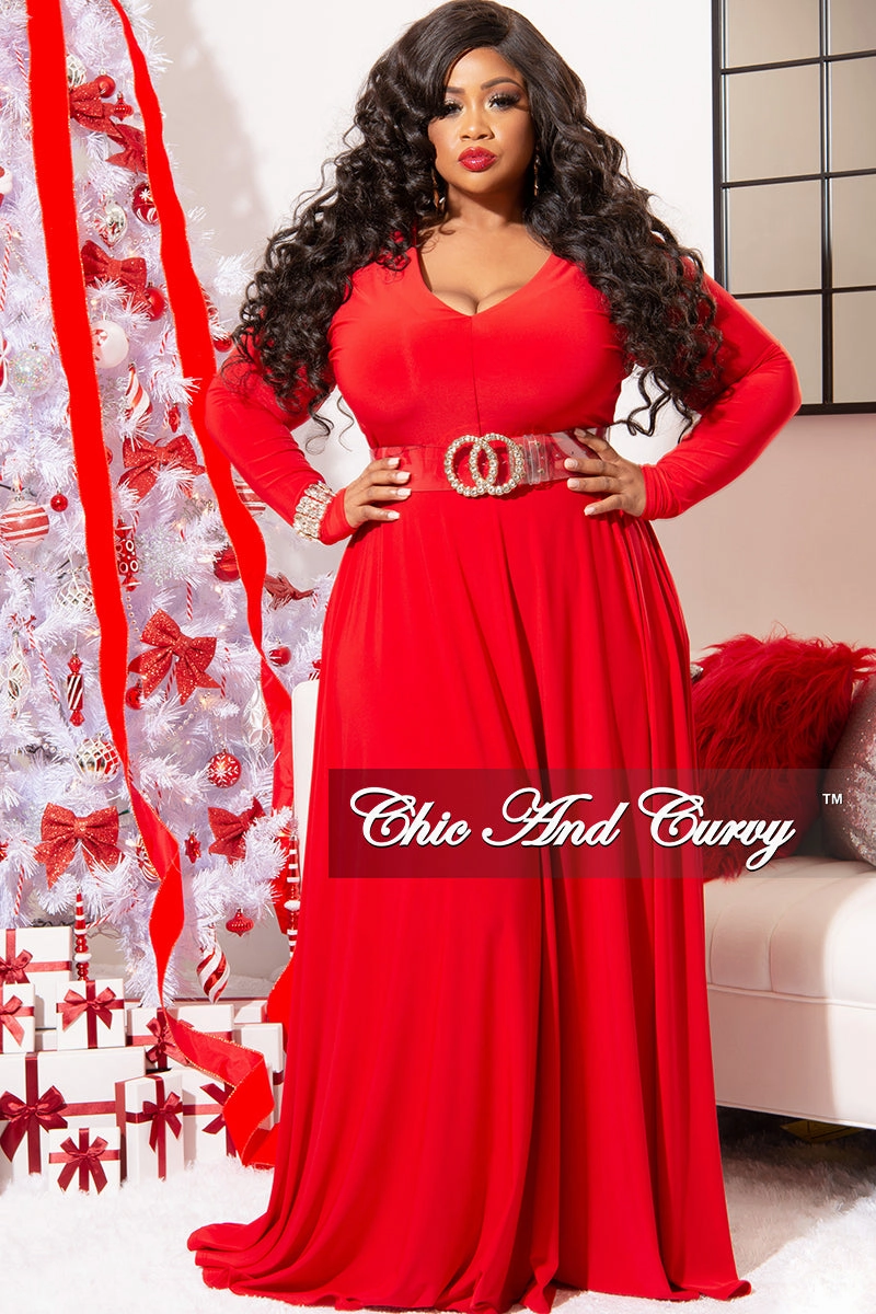 Final Sale Plus Size Long Sleeve Gown with V-Neck in Red Thermal Regulation System Compression Gradient